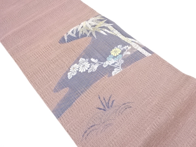 アンティーク　紗　すくい織　竹に菊模様織り出し袋帯（材料）